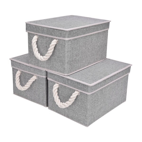 StorageWorks Storage Bins with Lid and Cotton Rope Handles, Foldable Fabric Storage Basket, Gray, 3-Pack, Large