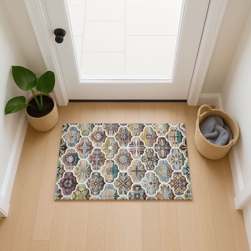 Machine Washable Indoor/ Outdoor Trellis Mosaic Chantille Rug