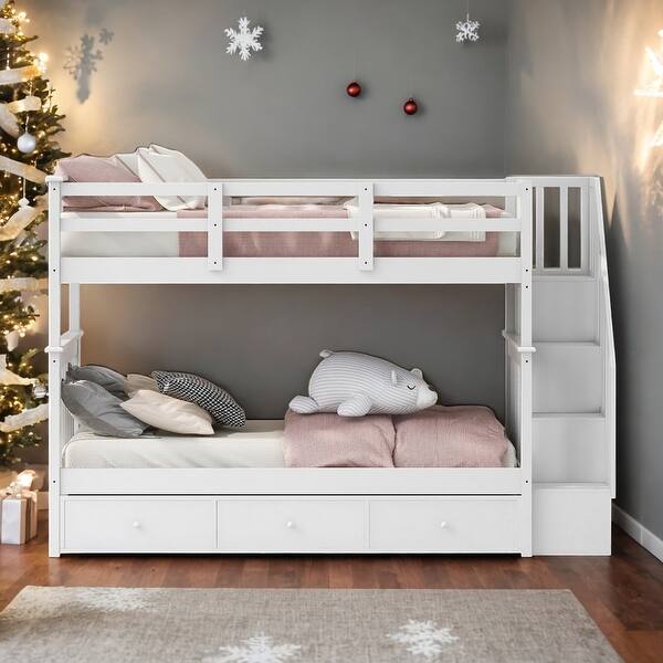 slide 2 of 19, Simple Twin Over Twin Bunk Bed With Three Drawers For Bedroom,Kids White