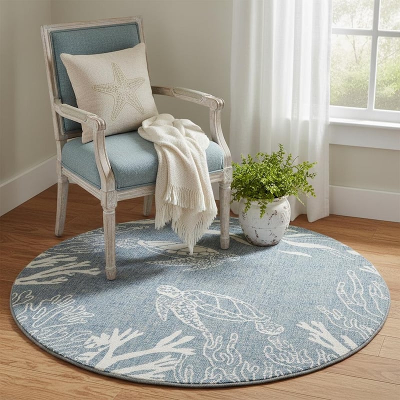 HomeRoots Nautical Coastal Round Area Rug - 5' Round - 5' Round