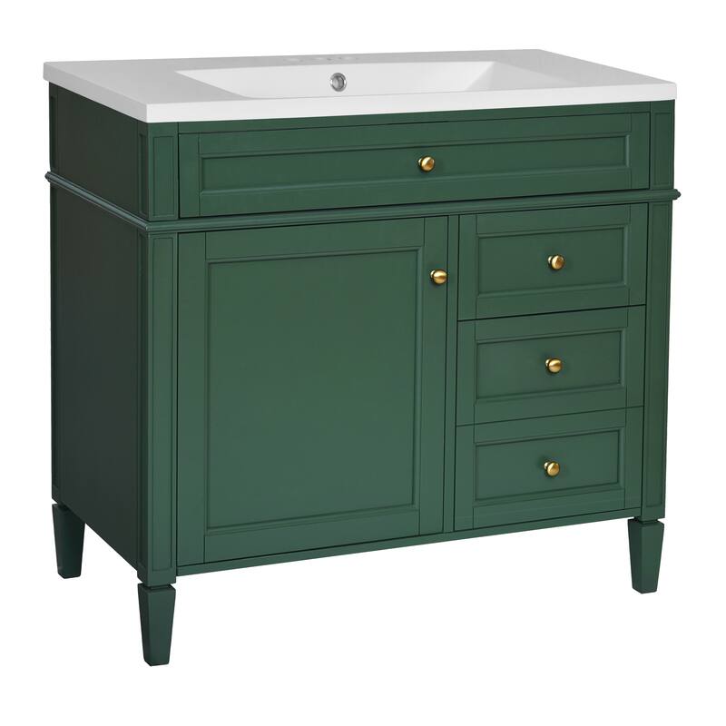 Freestanding Bathroom Vanity & Wall Mounted Mirror Cabinet Set with Resin Sink, Open Shelves, Drawers and Adjustable Shelves