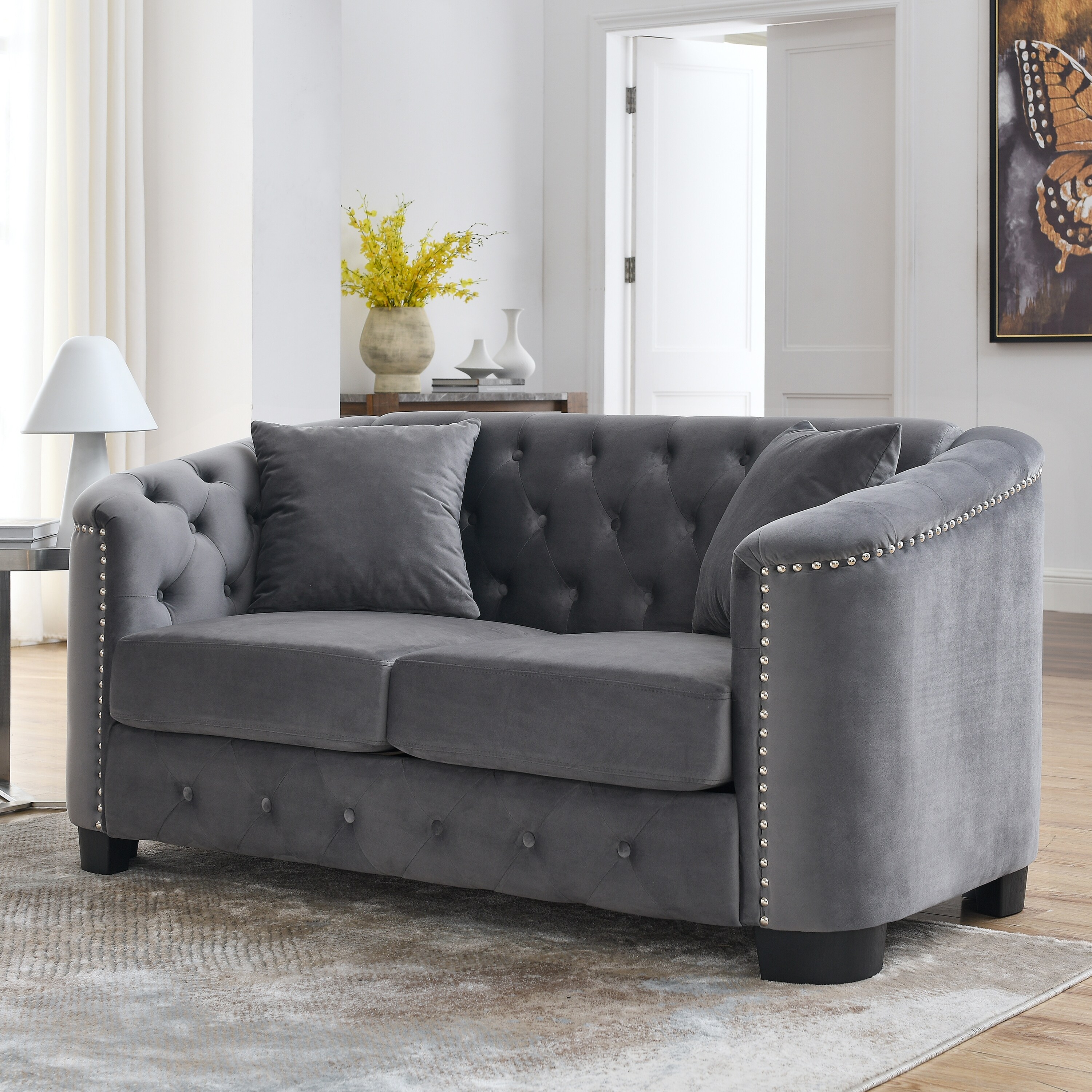 Velvet Chesterfield 2-Seater Sofa with Nailhead Trim for Office