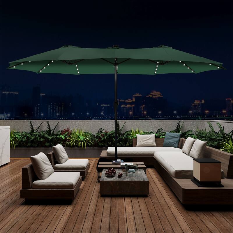 Autlaycil 15ft Retangle Patio Umbrella with Solar Lights & Base - Green