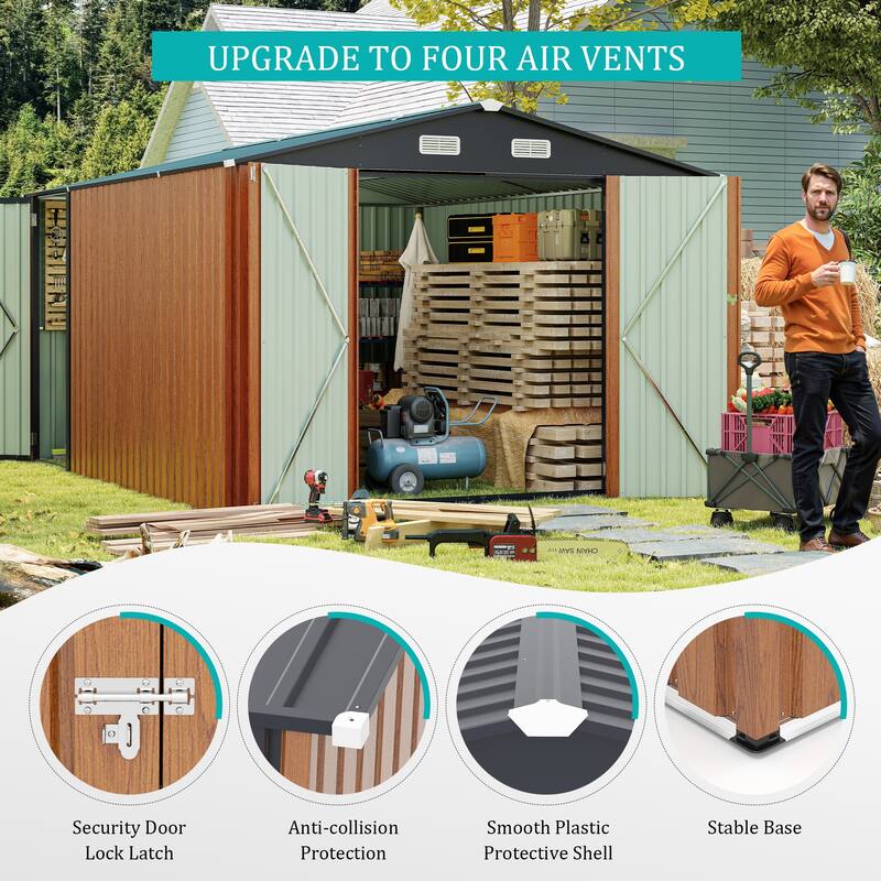 Outdoor Storage Shed 9×11 FT with 3 Lockable Doors,Utility Tool Shed Metal Storage Garden Sheds 4 Vents,Metal Sheds