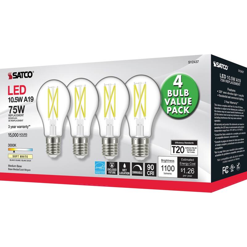 10.5 Watt A19 LED 75 Watt Replacement Clear Medium base 3000K 120 Volt 4-Pack