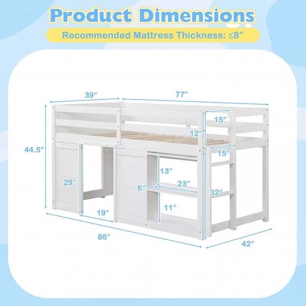 dimension image slide 1 of 2, Gymax Twin Size Loft Bed w/ LED Lights 2 Doors Underbed Space &