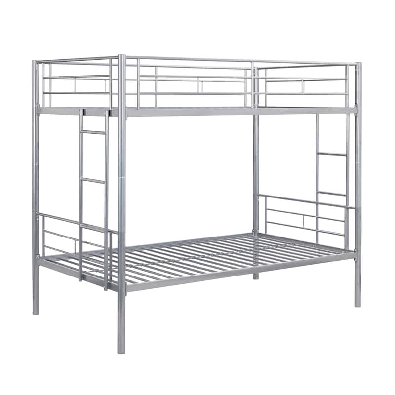 Silver Twin over Twin Size Metal Bunk Bed with Ladder and Fence for for Bedroom, Kids, Boys and Girls
