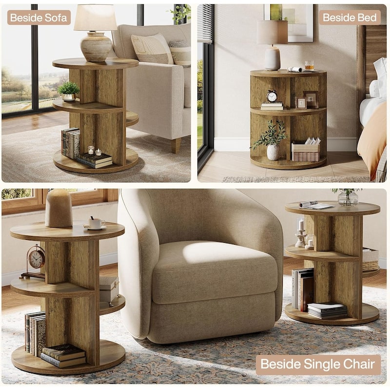 3 Tiers Round End Table, 23.6 Inches Side Table, Farmhouse Nightstand