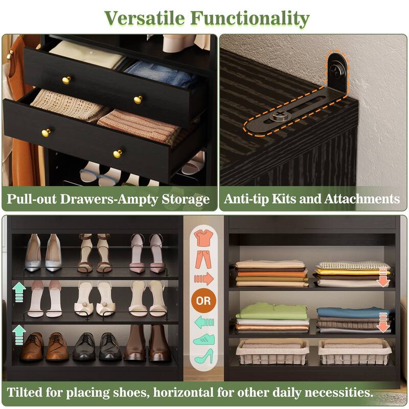 Set of 2 Closet System with 6 Hanging Rods and 4 Drawers, Adjustable Closet System with Shelves and Shoe Rack