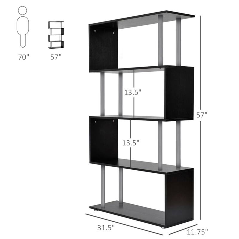 5 Tier Black Modern Design S-Shaped Bookcase Shelf Unit for Living Room Bedroom Office Decor - 31.5'L x 12" W x 57.25" H