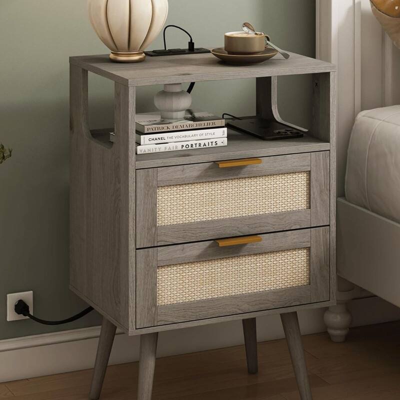 Rattan Nightstand with Chargers, Modern Nightstand with 2 Storage Drawers and Open Wooden Shelf - Grey Oak