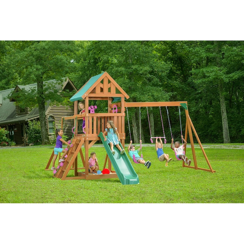 Mountain View Swing Set with Tarp Roof, Climbing Wall, Monkey Bars - Pink