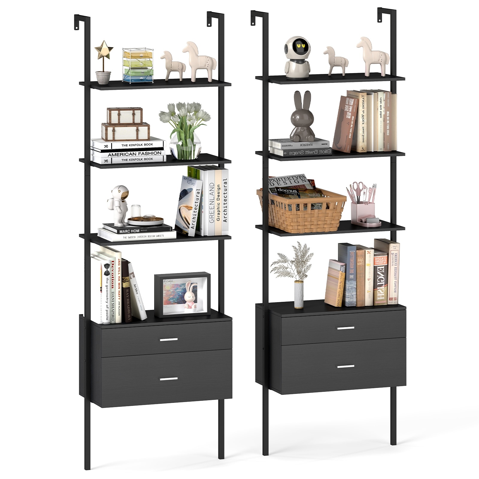 Gymax 2 PCS Ladder Bookshelf w/ Storage Wall Mount Bookcase w/ 4 Open