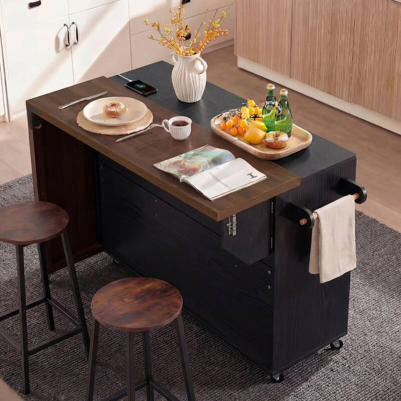 Mobile Kitchen Cart with Pull Out Dining Table Storage Drawers and Spice Rack