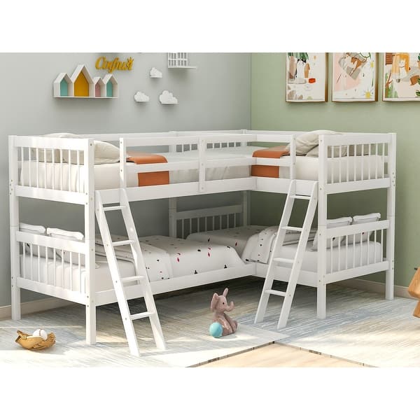slide 2 of 15, Wonderful L-Shaped Bunk Bed for 4 can be Divided into 2 L-Shaped Bunk Beds with Built-in Ladder and Safety Guardrails White - Twin