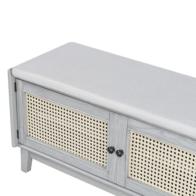 Rattan Entryway Bench with Storage, Cushioned Shoe Bench with Double Doors, Wooden Shoe Organizer Bench for Entryway