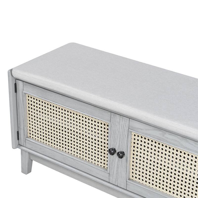 Roomfitters Entryway Storage Bench, Boho Rattan Cabinet, Hallway Organizer Seat with Cushion