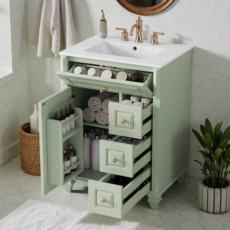 24 Inch Bathroom Vanity with Ceramic Sink, White Freestanding Vanity Cabinet with Flip-Out Drawer and Storage