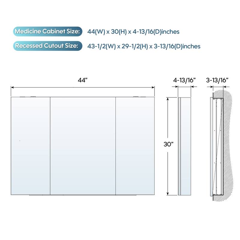 44"W X 30'H Bathroom Recessed or Surface Wall Mount Medicine Cabinet With Adjustable Glass Shelves