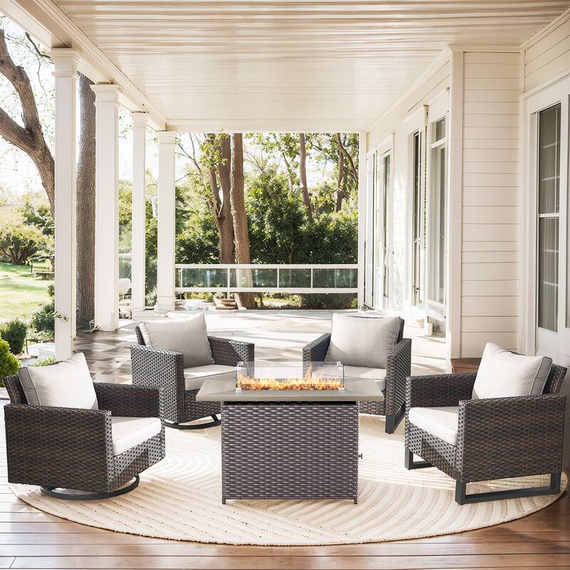 2 Swivel Chair 2 Club Chair with Fire Table Brwon-Beige - Brown - Brown - Beige