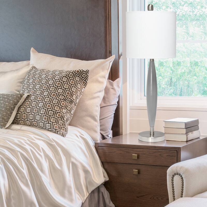 Modern Table Lamp - Fabric Shade, Nickel Base - Bedroom Living Room Light - 27" Tall