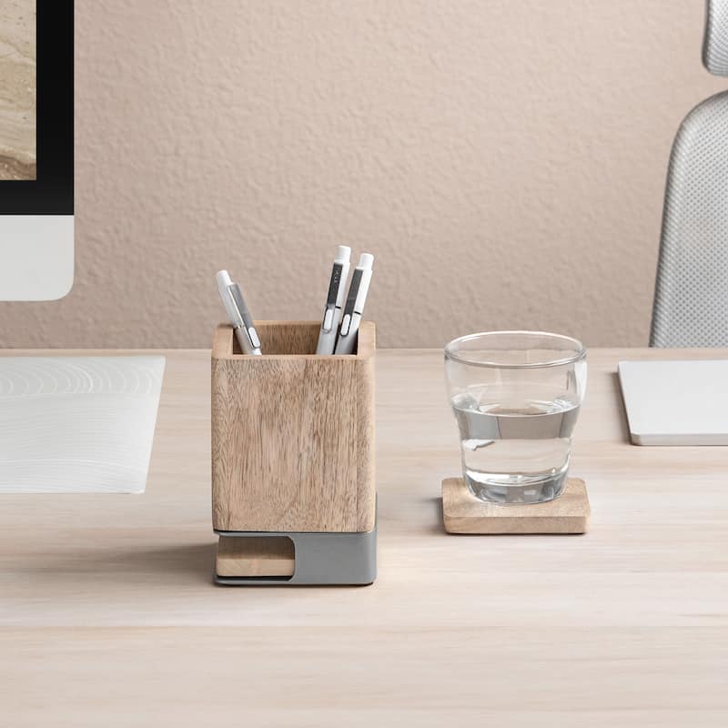 Jani Wooden Pen Cup Holder with 2 Coasters - Stained Mango Wood & Powder-Coated Metal Organizer for Home, Office & Living Spaces - Tan/Nickel