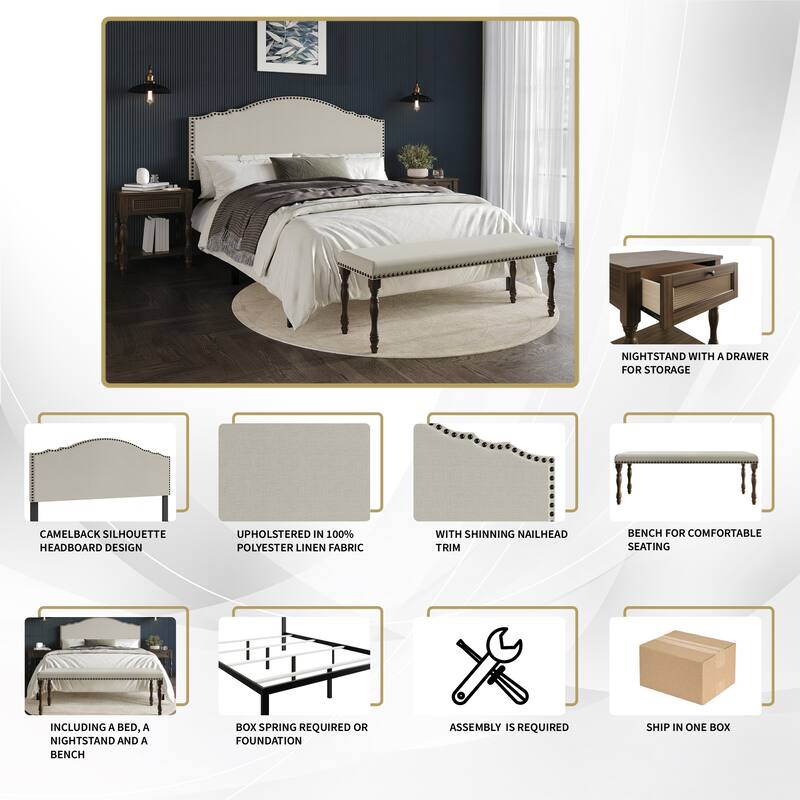CraftPorch Traditional Upholstered Bed with Nightstand and Bench 3-pieces Bedroom Set