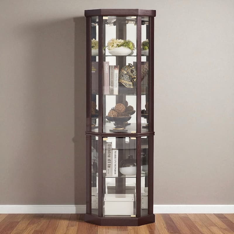 Lighted Corner Curio Cabinet with Glass Doors, Adjustable Shelves & Mirrored Back, Elegant Display Case for Wine - Cherry