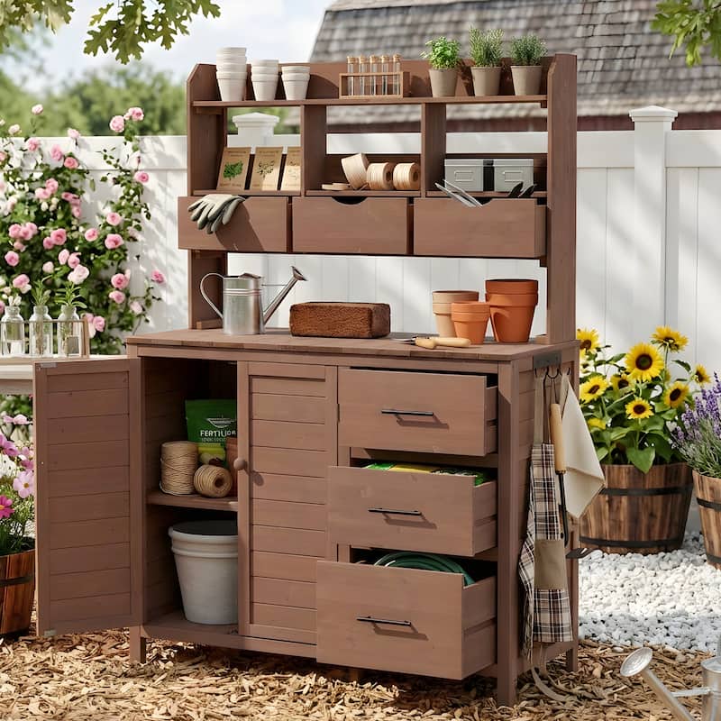 Roomfitters Garden Potting Bench with Storage Hutch, Outdoor Potting Table with 6 Drawers and Cabinets, Shelves - Brown