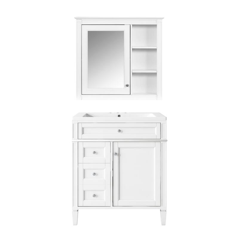 30" Bathroom Vanity Set with Ceramic Sink & Mirror Cabinet, 3 Drawers, Soft-Close Storage, Modern Freestanding Unit