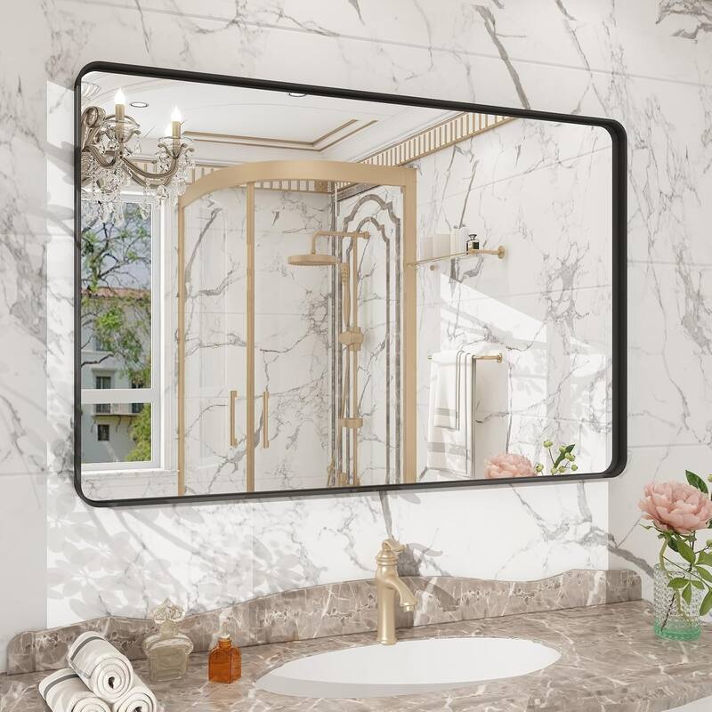 Aluminum Alloy Framed French Cleat Mounted Tempered Glass Wall Vanity Mirror - Black - 48" x 32"