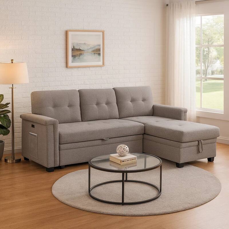 Ruben 84 Inch Reversible Sleeper Sectional Sofa with Storage Chaise, Gray