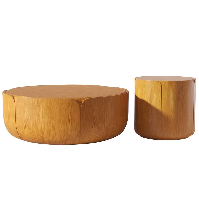 Round Outdoor/Indoor Coffee Table Set, Modern Wood Grain Drum Center Tables