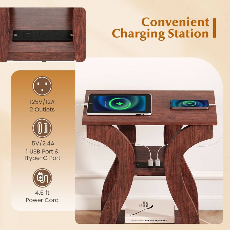Gymax End Tables w/Charging Station Set of 2 3-Tier Side Tables w/USB