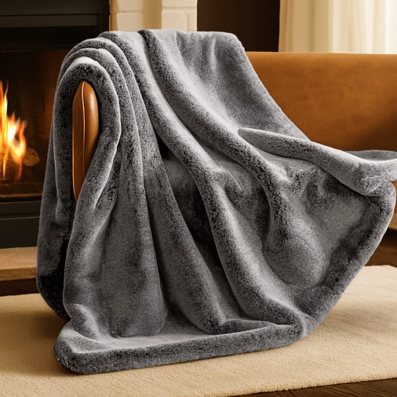 Bare Home Faux Fur Blanket - Ultra-Soft Blanket - Luxurious Fuzzy Warm - Throw 47" x 60" - Variegated Grey
