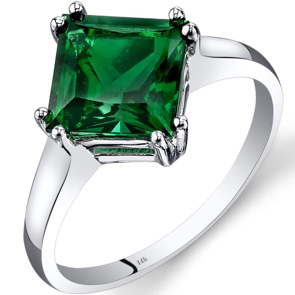 14k White Gold 2ct Created Emerald Solitaire Ring