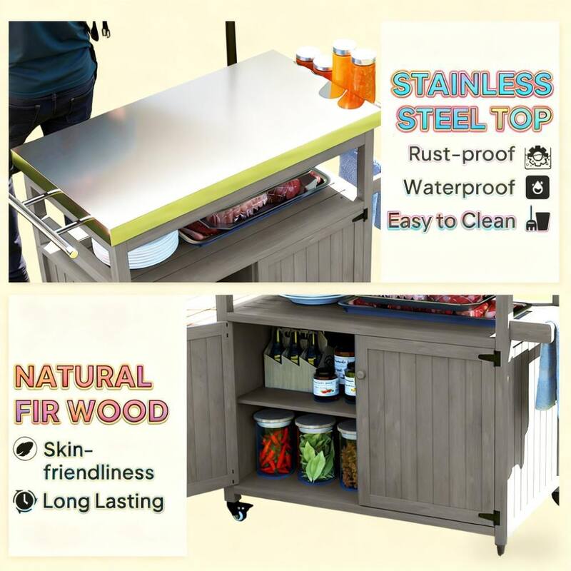 GDFStudio Outdoor Alaric Stainless Steel Grill Cart with Solid Wood Storage and Mobile Design