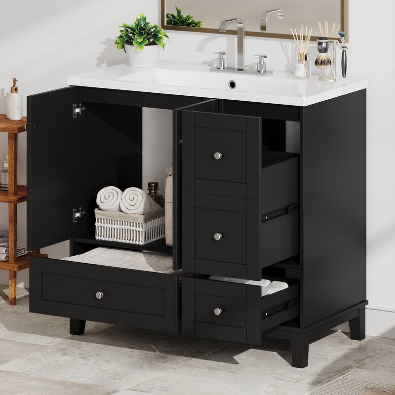 36" Modern Bathroom Vanity with USB Charging, 2Doors and 3Drawers Storage Vanity Cabinet, single sink, Faucets Not Included
