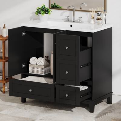 Roomfitters 36 Inch Bathroom Vanity with Single Sink and USB Charging, 2 Doors and 3 Drawers (Faucets Not Included)