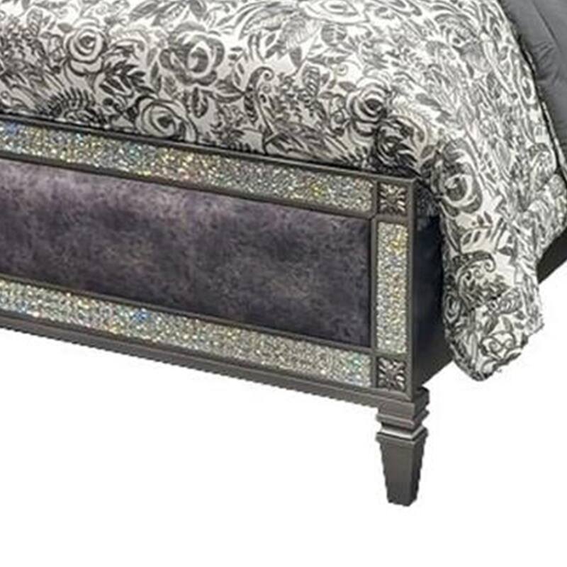 Laine Queen Bed, Glam Crystal Acrylic Trim, Gray Fabric Upholstered