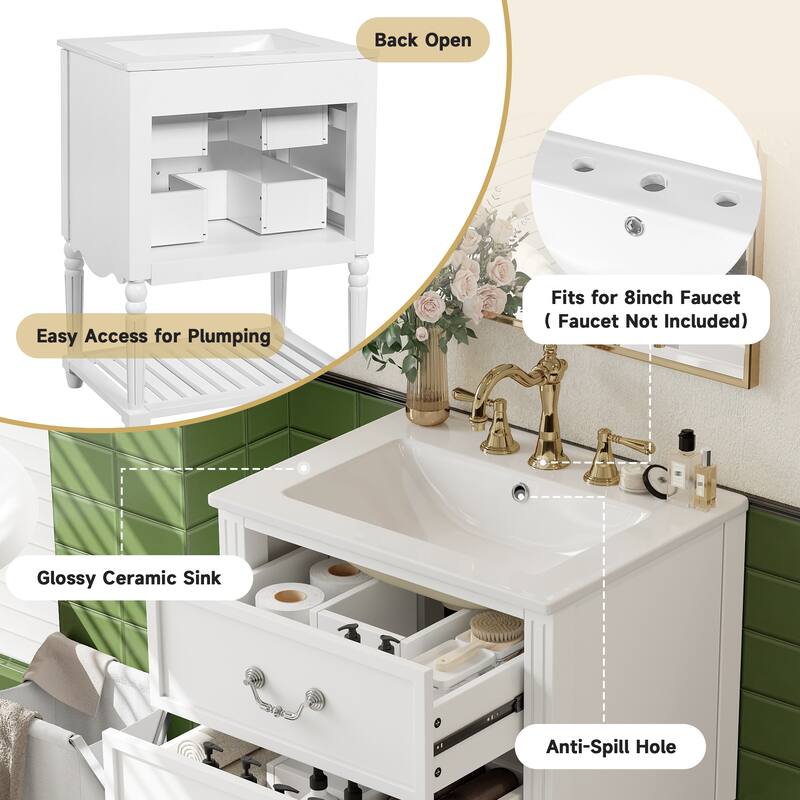 24" Bathroom Vanity with Ceramic Sink, Drawers and an Open Shelf