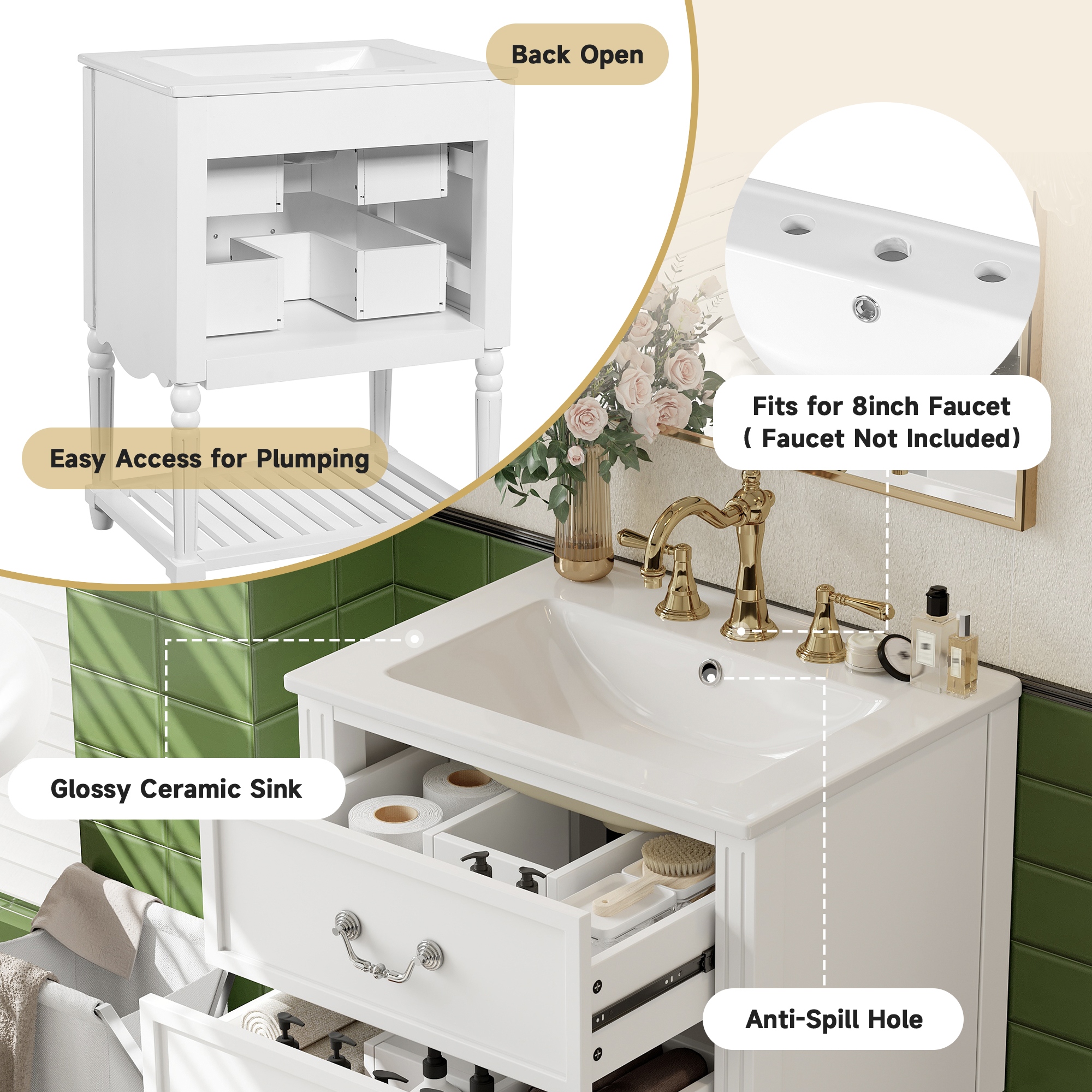 24" Bathroom Vanity with Ceramic Sink, Vintage Wave Design Cabinet with 2 Drawers and Open Shelf