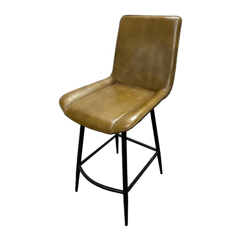 Isha Counter Stool Chair Set of 2, Brown Faux Leather, Black Iron