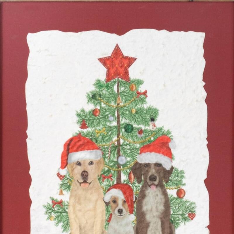 HomeRoots Holiday Dogs and Christmas Tree Brown Framed Wall Art