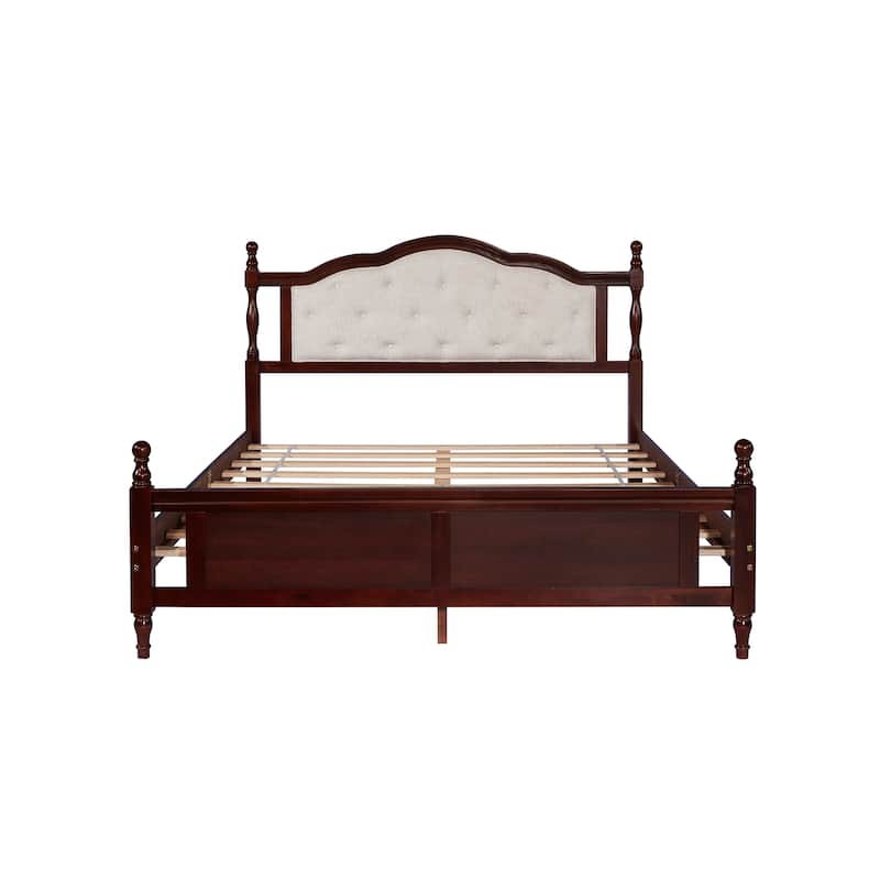 Classic Platform Bed Wooden Frame Queen Size Bed with Upholstered Tufted Headboard, Panel Footboard and Central Support Feet