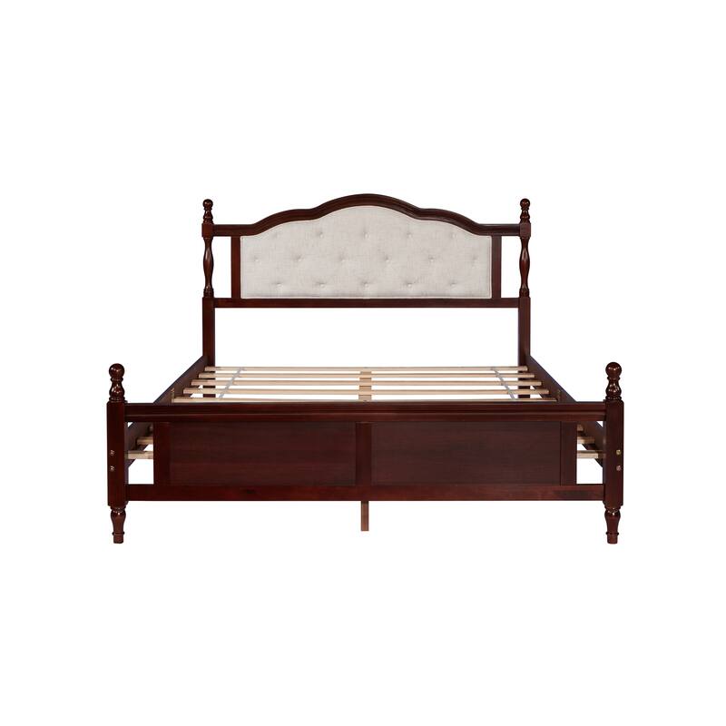 Queen Pine Wooden Bed with Upholstered Headboard and Panel Footboard, Cherry Finish