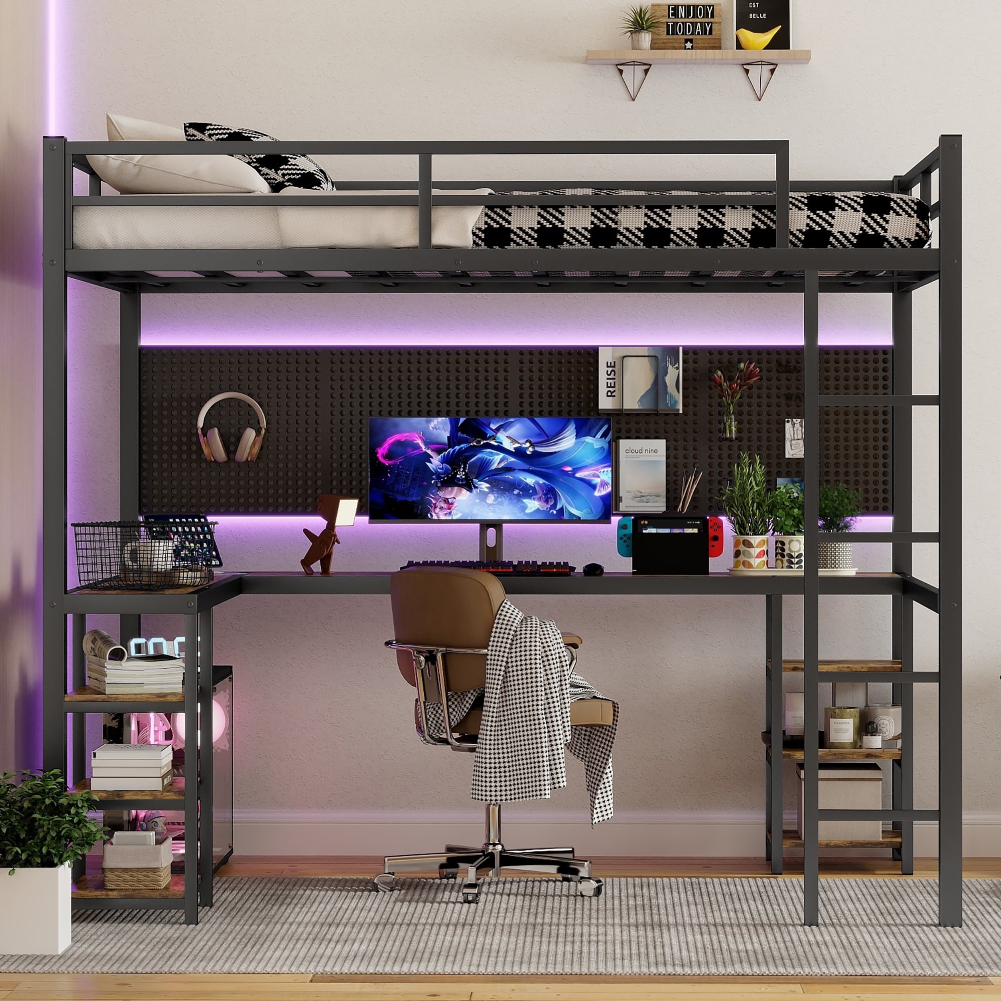 Full XL Loft Bed for Kids Teens Adults with Wood L-shaped Desk and Bookshelves, Metal High Loft Bed with Ladder and Guardrails