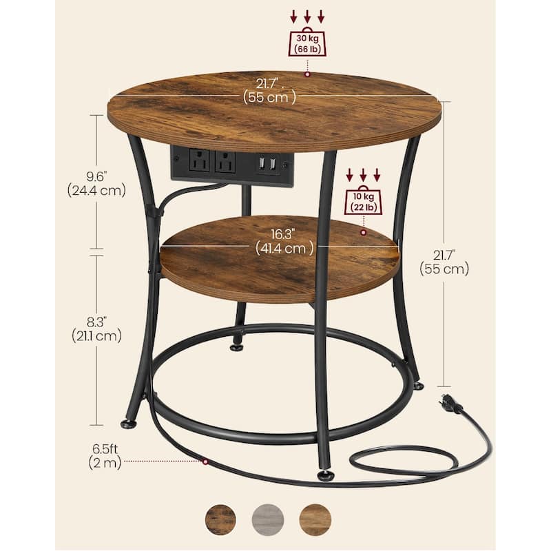 Metal Wood Round Side Table with USB Ports and 2 Tier Storage - 21.7"D x 21.7"W x 21.7"H