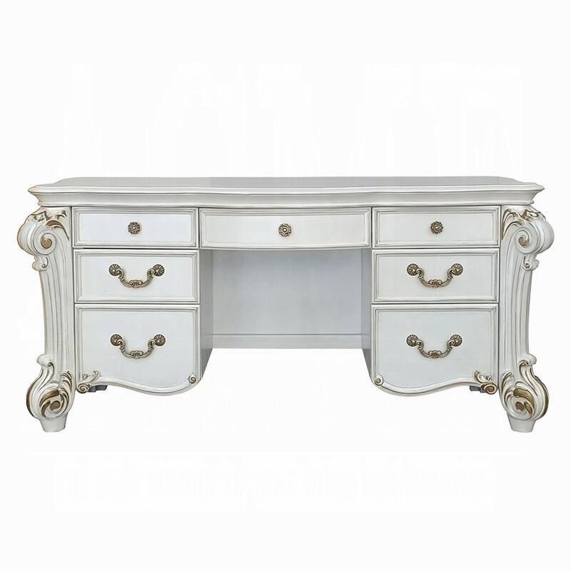 Antoine Vanity Desk, 7 Drawers, Antique Silver Wood, Gold, 65 Inch