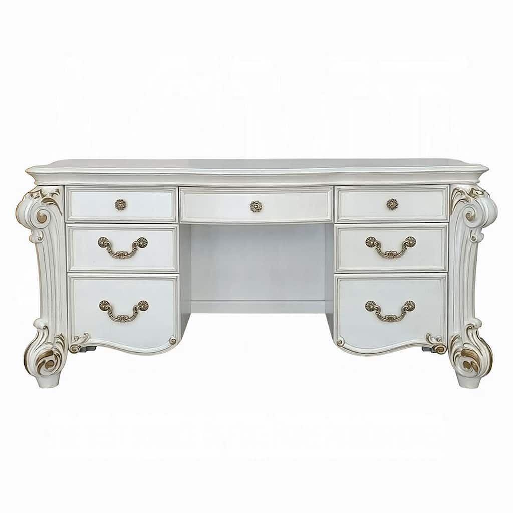 Antoine Vanity Desk, 7 Drawers, Antique Silver Wood, Gold, 65 Inch